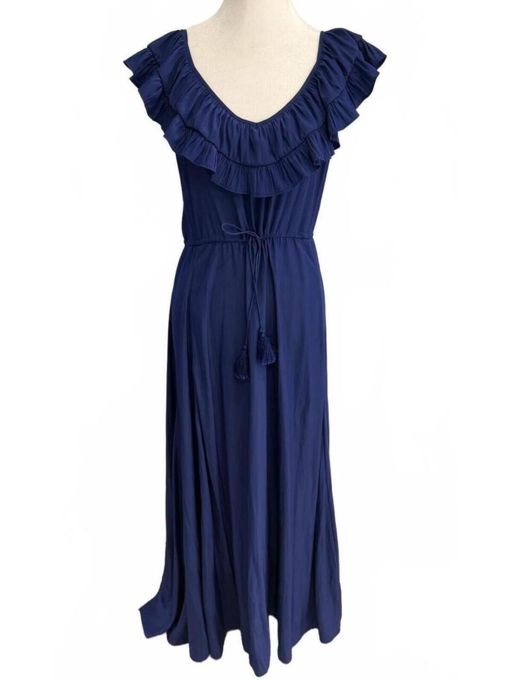 Calypso‎ St. Barth Blue Ruffle Maxi Dress V-Neck Tassel Tie Belt Boho Cotton XS
